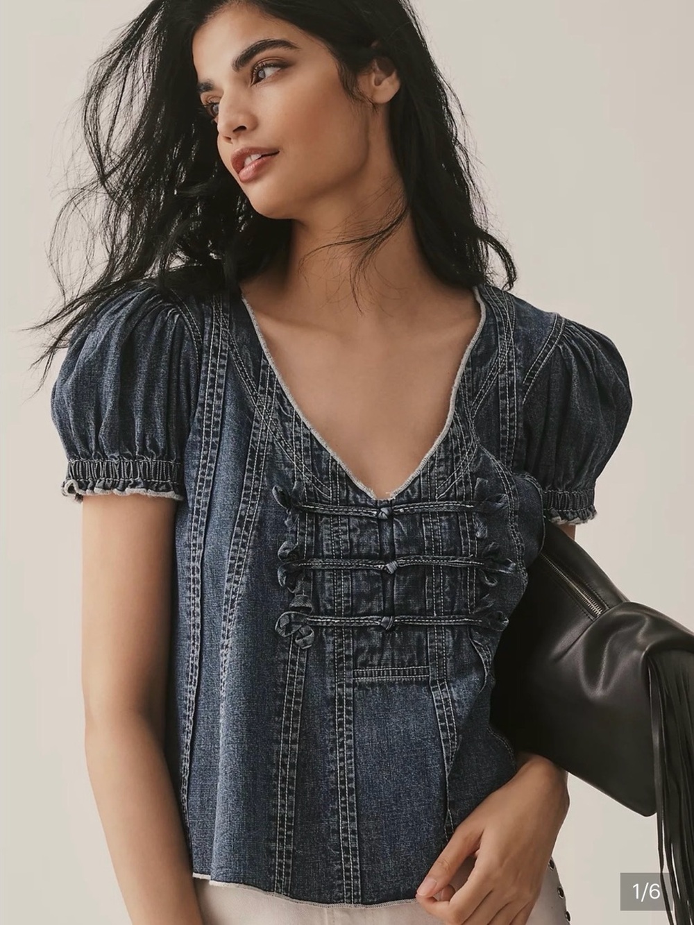 Anthropologie Denim Puff Sleeve SwingTop - Dark Blue